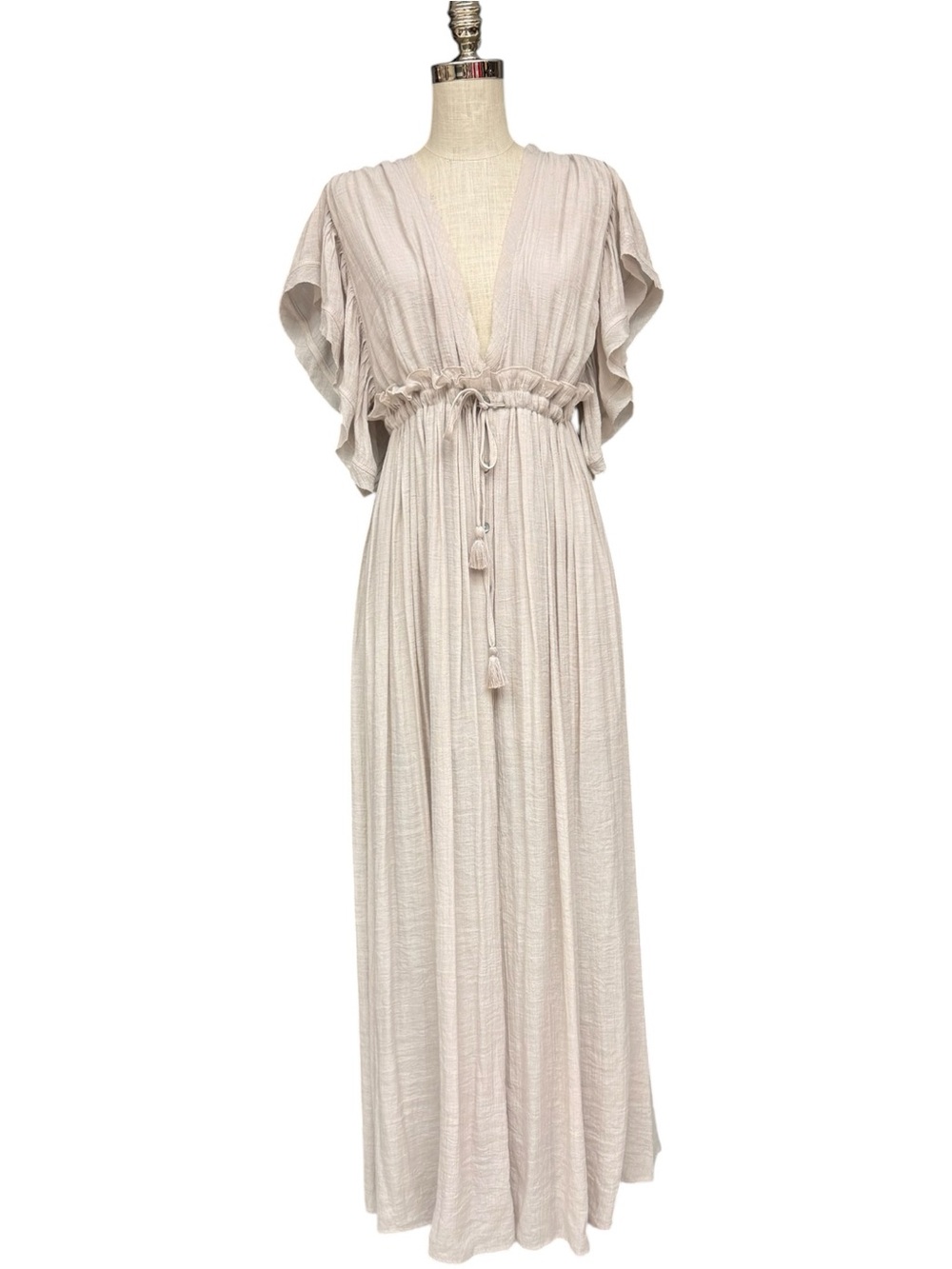 Aakaa Beige Boho Plunge Maxi Dress Tassel Tie Flutter Sleeve Size Small